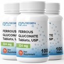 Puregen Labs Ferrous Gluconate 324 mg [High Potency] Iron Supplement, Gentle on Stomach | 3 Pack - 300 compresse Totale