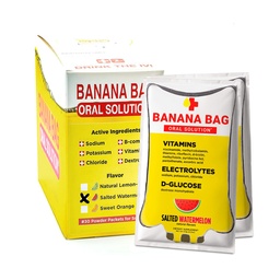 Banana Bag Soluzione orale Packets – Acquamelone salato 30pk | Una miscela rinfrescante di elettroliti, vitamina C e B-Complex per l'idratazione e l'energia. Comodo, facile da usare e perfetto per uso quotidiano.