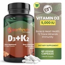 EarthNutri Vitamin D3 K2 Supplemento 5000 IU – Include K2 da MENA Q7, D3 da Vitashine, Calcio da Aquamin & 72 Minerali Trace – per Immune, Bone & Heart Health – Non-GMO – 60 capsule di Veg