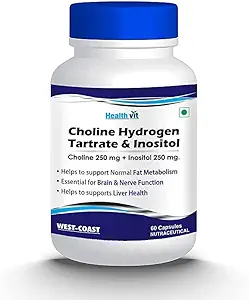 Tartrato d'idrogeno di colina 250mg & Inositol 250 Mg - 60 capsule | Metabolismo energetico, salute del fegato, essenziale per il cervello & Nerve Funzione - Non OGM, Vegan, Gluten Free, Dairy Free