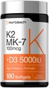 Horbäach Vitamina D3 K2 5000 iu | 100mcg MK-7 Complex | 180 capsule Softgel | Non-GMO & Gluten Supplemento gratuito