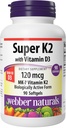 Super Vitamina K2 MK-7 120 mcg con vitamina D3, 90 Softgels, Supporta Bones, denti e sistema cardiovascolare