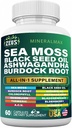 Sea Moss 3000mg Black Seed Oil 2000mg Burdock Root 1000mg Bladderwrack 1000mg Turmeric 1000mg Ashwagandha 1000mg - Elderberry, VIT C, VIT D3, Manuka, ACV (60 Conte)