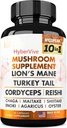 Mushroom Supplement 10x Complex - Lions Mane, Turchia Tail, Cordyceps, Reishi, Chaga, Maitake, Shiitake, Oyster Extract Mushrooms - Nootropic Brain Support Supplements for Memory and Focus