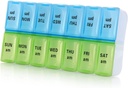 7 giorno organizzatore di pillole settimanali, grande organizzatore di pillole giornaliere 2 volte al giorno, AM PM caso di pillole, giorno notte contenitore di pillole 7 giorno 14 scomparti per il farmacio di vitamina di pillole (Blue+Green)