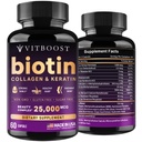 Biotina VITBOOST con acido ialuronico, collagene e Keratin – 25000 mcg Vitamine di crescita dei capelli per gli uomini e le donne – Chiodi e pelle, USA Made - Terze Parti testate, B1, B2, B3, B6, B7 Complex - 60 Capsule