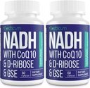 NADH 50mg + CoQ10 200mg + D-Ribose 150mg supplemento, Boosting NAD+ Integratori per Sistema Immune, Energia Cellulare, Focus, Dinucleotide Adenina ridotta Nicotinamide, 120 capsule vegetali
