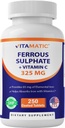 Vitamatic Ferrous Sulfate 325 mg con vitamina C 100 mg (65 mg di ferro elementare) – Supplemento di ferro ad alta potenza – Nessun colore artificiale – 250 compresse rivestite, Made in USA