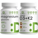 Magnesio Glycinate 500mg Veggie Capsule & Vitamina D3 5000iu + K2 100mcg Softgels Bundle – Minerale di Chelato Assorbito – Vitamine D & K Essential Sunshine