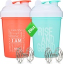 [2 Pack] Bottiglia 20 once Shaker con citazioni Motivazionali (Coral & Mint) | Bottiglia di Shaker Proteine con Agitatori Mixer | Flacone frullatore per Miscele Proteine Pack è BPA Free e Lavastoviglie Safe