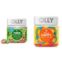 Anelli della pancia della fibra di OLLY, 5g fibra prebiotica, FOS (Fructo-oligosaccharides), Supporto digestivo & Hello Happy Gummy Worms, Mood Balance Support, Vitamina D, Zafferano, Adulto Chewable Supplement