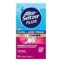 Alka-seltzer Plus Cough & Sore Throat Fizzy Chews, Nessuna acqua necessaria, Sulla Go Sore Throat Relief per adulti, Raspberry Flavor, 24 Conte