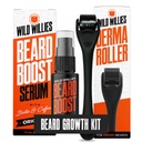 Wild Willies Beard Growth Kit - Premium Derma Roller & Beard Boost Serum - Microneedle Roller & Beard Siero di crescita dei capelli con Biotin & Caffeina per Cuscinetto Fuller, Scalp Care - Facile da usare Kit con Caso