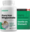 Vitasave Iron Bisglycinate – Supplemento di ferro ad alto assorbimento per l'energia, Anemia e supporto immunitario – Genere su Stomach – Vegan, Non OGM, Gluten-Free – 120 capsule (Made in Canada)
