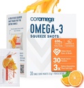 Coromega Omega 3 Fish Oil Supplemento, 650mg di Omega-3 con 3X migliore assorbimento di Softgels, Arancione Flavor, 30 Single Serve Squeeze Packets