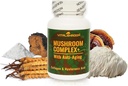 Complesso di funghi con anti-invecchiamento. Integratori naturali anti-invecchiamento a base di funghi con Chaga, Mane del leone, Cordyceps, Reishi, Collagen, Acido ialuronico, Vitamine B1, B2, B6, C, D.
