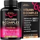 Complesso di vitamina B per uomini e donne - Riboflavin B2, B12, B1, B3, B5, B6, B7, B8, B9 | Vitamina C, Choline, Inositol - Supplemento B-Complex - Energy, Brain & Heart Support - Made in USA, 60 Caps Vegan