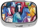 Colorful Cartoon Horses Stampato Quadrato Pillola organizzatore con 2 scomparti, Portatile Mini Case Pillola Box Pillola per Medicina, Vitamina, Olio di Pesce, Integratori