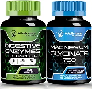 WELLNESS LABSRX Enzimi digestivi con Probiotici e Prebiotici | Magnesium Glycinate Capsule