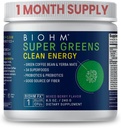BIOHM Super Greens Clean Energy, Green Superfood Powder (8.5 Oz, 30 Serve) Supporta Gut Health & Cognition, 34 Frutta Naturale, Ortaggi & Erboristici con Prebiotici, Probiotici & Enzimi