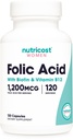 Acido folico Nutricost per le donne (Vitamina B9) 1200 mcg, 120 capsule, con B12 e Biotina, Capselli di verdure, Non OGM & Gluten Free