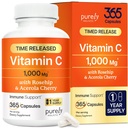 Vitamina C 1000mg puramente olistica, 365 capsule, 12 mesi di alimentazione, 2 Stage Timed Release con acido ascorbico, Rosehip & Acerola Cherry Bioflavonoide, Supporto di sistema immunitario, Vegan