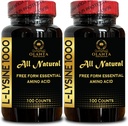 L-LYSINE 1000 mg Aminoacido Free Form Essenziale - Lip Health, Lysine Supplement L-Lysine 1000mg, Integratore Aminoacido Essenziale per Supporto Immune & Gum, Gluten Free - 2 Bottiglie 200 Conti
