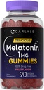 Carlyle Melatonin 1mg Gummies | 90 Count | Fruit Flavor Gummy Supplement | Vegan, Non OGM, Gluten Free