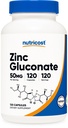 Nutricost Zinc Gluconate 120 Capsule Vegetariani (50mg) - Gluten Free e Non OGM