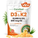 VEV Corefeel Vitamina D3 K2 10.000 IU, 200 mcg MK-7, 300 Coconut Oil Softgels, 2 in 1 Vitamine Supplemento D & K (Include MK7), Facile da ingoiare, Supporta l'assorbimento di calcio, Salute di ossa