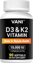 VANI Vitamine D3 (10000iu/250mcg) + K2 (come Mk7), per la salute di ossa e muscoli e denti, 90 SOFTGELS