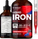 Supplemento di ferro liquido per le donne e gli uomini - Gocce di ferro con B6, B9, B12, vitamina C per l'anemia, Costruttore di sangue, Folate per globuli rossi e supporto immunitario MCT olio (2 Fl Oz, bacche miste)
