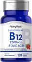 Piping Rock Vitamina B12 Sublingual | 2500 mcg | 120 compresse | con acido folico | Supplemento per donne e uomini | Sapore di bacche | Vegetariano, Non OGM, Gluten Free