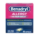 Benadryl Liqui-Gels Antihistamine Allergy Medicine & Cold Symptom Relief, Dye-Free Liquid Gels con 25 mg di Diphenhydramine HCl per sintomi come, Runny Nose, Sneezing & More, 48 ct
