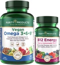 Prodotti di purezza Bundle - Vegan Omega 3-6-9 (180 ct) + B-12 Energy Melt Omega 3-6-9 (“5 in 1” Plant-Based Omega 3 6 9 acidi grassi essenziali) - B12 Berry Melt (Methylcobalamin B12 + B6 + D3 + Più)