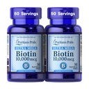 Puritan's Pride Premium Ultra Mega Biotin 10.000mcg, Integratore alimentare per capelli sani, pelle, unghie e supporto per il metabolismo energetico, 100 giorni di alimentazione, 50 Softgel a rilascio rapido, 2 Pack