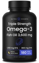 Triple Strength Omega 3 Fish Oil 3600 mg | EPA & DHA | 180 Softgels | Burpless Fish Oil Supplement, Wild Caught | Oltre 2100mg Omega-3 Fatty Acids Supplements | Natural Lemon Flavor Omega 3 Pills