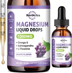 Triple Magnesium Complex Liquid Drops - 1300mg Magnesium Glycinate, Taurate & Citrate con Omega3, L-teanina, Ashwagandha, Potassium - Supporto Sleep, Nerve, Immune, Energy - Sapore di Uva, 2 Fl OZ