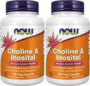 NOW Supplementi, Choline & Inositol 500 mg, Trasmissione sana di nervi*, Salute del sistema nervoso*, 100 capsule (pacchetto di 2)