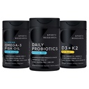 Ricerca sportiva Wild Alaskan Pollock Omega 3 Fish Oil 90 Softgels (1250 mg) + Probiotici Vegani con Prebiotici, 60 miliardi di CFU (30 Softgels) + 5000 IU Vitamin D + 100mcg Mk7 Vitamin K (60 Softgels)