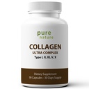 PureNature Collagen Ultra - Peptidi di collagene con 5 tipi I, II, III, V & X Collagene idrolizzato naturale per capelli, pelle, chiodo e supporto misto - 90 capsule