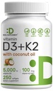 Vitamina D3 5000 IU + K2 MK7 100mcg Softgels | Complesso 2-in-1 con olio di cocco vergine | Supporta cuore, ossa, denti e salute immunitaria | Facile da ingoiare