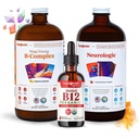 LIQUIDHEALTH Adult Focus & Energy Liquid Vitamin Bundle con Mega Energy B-Complex, USDA Organic Methyl B12 Drops, Neurologic Nootropic Focus Supplement - Boost Energy, Mood - USA Made, Vegan, Non-OGM