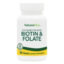 Natures Plus Biotin & Folic Acid (metilfolato), rilascio prolungato - 30 compresse vegetariane - Vitamina B7 & Vitamina B9, Supporta la crescita dei capelli, Energy Booster, Vitamina Prenatale - Gluten-Free - 30 Serve