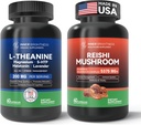 Reishi Mushroom Supplement con Cordyceps + L Theanine 200mg, Magnesium, 5-HTP & Melatonin per il sonno, Focus & Mood Support