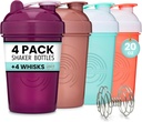 GOMOYO 4-Pack - 20 Ounce Shaker Bottiglia, Protein Shaker Wire Whisk x4, Bulk Protein Drink and Pre-Workout Shaker Cups, Lavastoviglie Safe & BPA Free