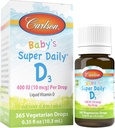 Carlson - Baby's Super Daily D3, Baby Vitamin D Drops, 400 IU (10 mcg) per Drop, 1-Year Supply, Vegetariano, Liquido Vitamina D per neonati e bambini, Unflavored, 365 Gocce
