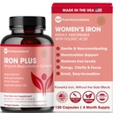 Supplemento di ferro per le donne - Gentle Chelate Iron Bisglycinate 25mg con vitamina C, B6, B12 acido folico – Supporta la carenza di ferro, la salute mentale & energia - 120 Conte
