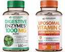 Enzimi digestivi di tutto benessere 1000MG Plus Prebiotics & Probiotics + Vitamina Liposomal C Capsule (200 pillole 1500mg Buffered) Bundle