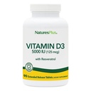 Natures Plus Vitamina D3, Extended Release - 90 compresse vegane - 5000 UI + 25 mg Trans-Resveratrolo - Heart & Bone Salute, Supporto di sistema immunitario, Anti-invecchiamento - Gluten Free - 90 Serve